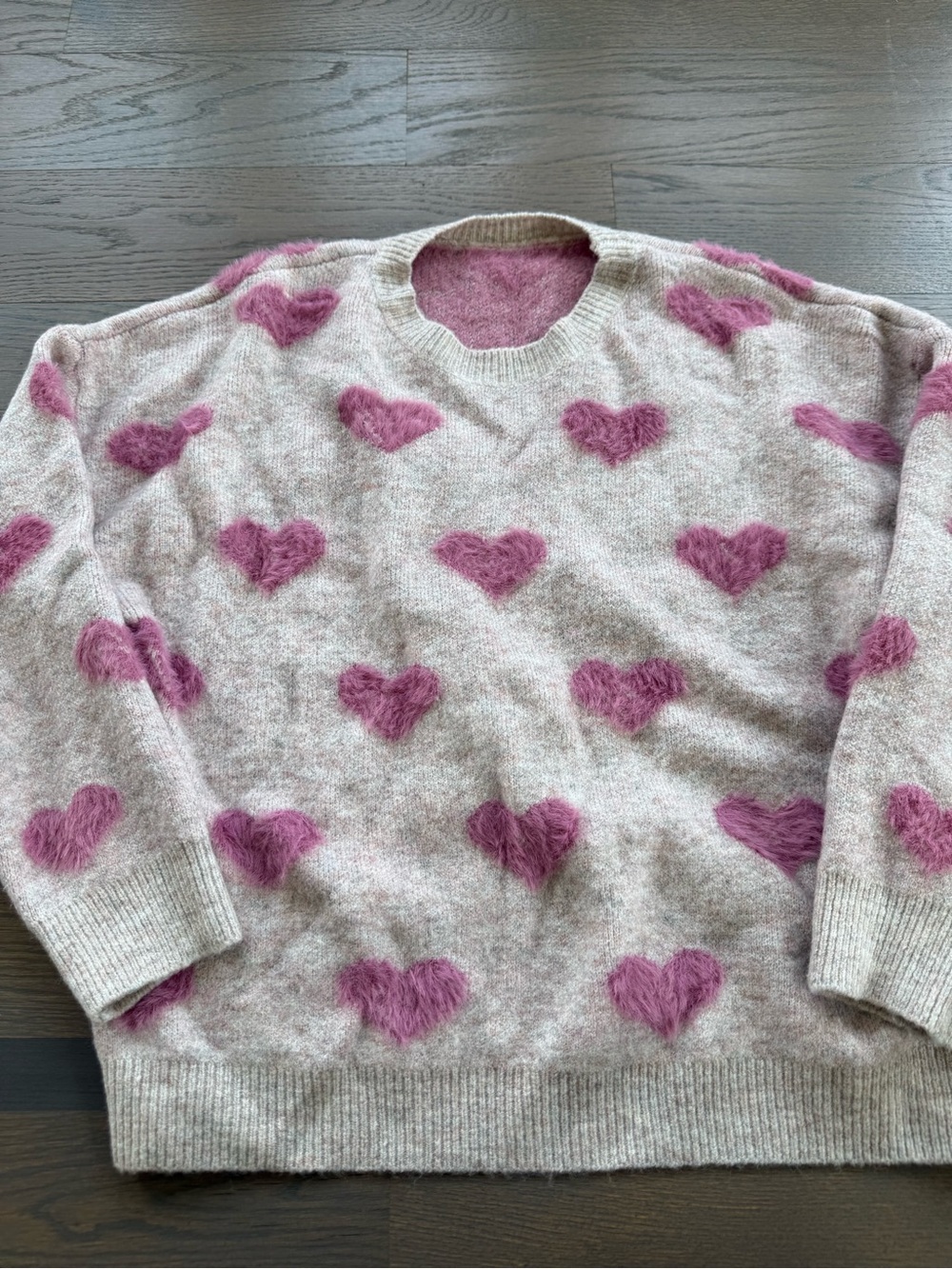 Women's Cream Sweater with Pink Heart Pattern